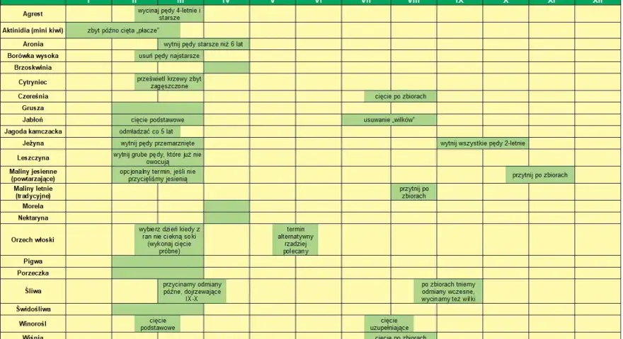 Kalendarz cięcia drzew i krzewów owocowych: Agrest, Aronia, Borówka, Brzoskwinia, Cytryniec, Czereśnia, Grusza, Jabłoń, Jagoda kamczacka, Jeżyna, Leszczyna, Maliny, Morela, Nektaryna, Orzech włoski, Pigwa, Porzeczka, Śliwa, Świdośliwa, Winorośl, Wiśnia...