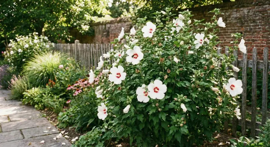 Piękny, kwitnący hibiskus krzew z białymi kwiatami i czerwonymi środkami, otoczony zielenią i kamienną ścieżką.