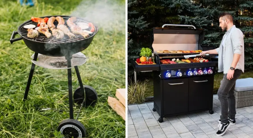 Grill gazowy czy węglowy? Po lewej tradycyjny grill węglowy z kiełbaskami i warzywami, po prawej nowoczesny grill gazowy z mężczyzną przygotowującym jedzenie.