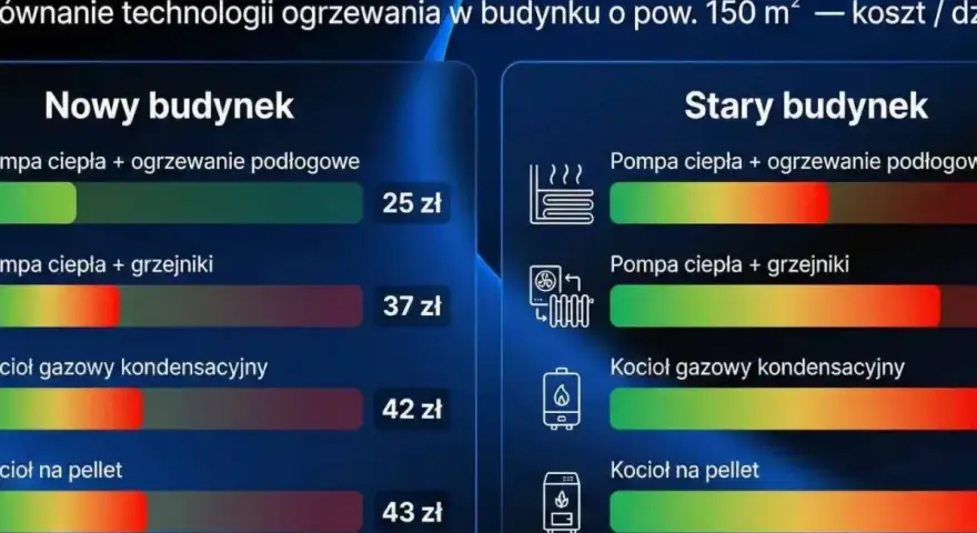 Porównanie dziennych kosztów ogrzewania w nowym i starym budynku. Wykres pokazuje, że pompa ciepła z ogrzewaniem podłogowym jest najtańsza.