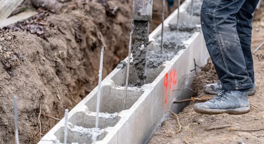 Beton wylewany do szalunku z bloczków betonowych, zbrojenie wystaje. Budowa fundamentów w toku.