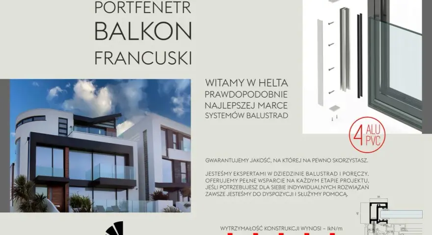 Nowoczesny portfenetr balkon francuski z balustradą szklaną na eleganckim budynku. Helta - eksperci od balustrad.