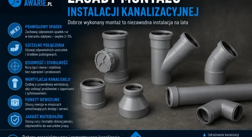 Szare **piony** i kształtki kanalizacyjne, obok zasad montażu instalacji.