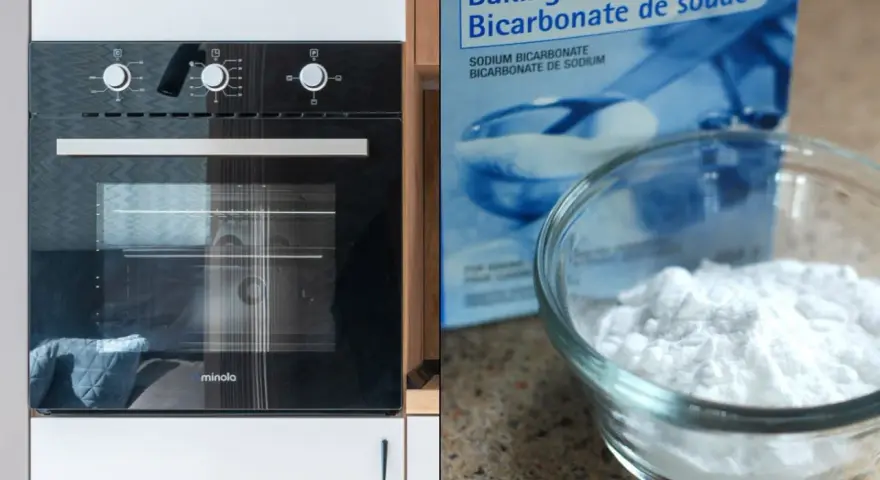 Nowy piekarnik czeka na czyszczenie. Soda oczyszczona w miseczce i opakowanie obok sugerują ekologiczne metody.