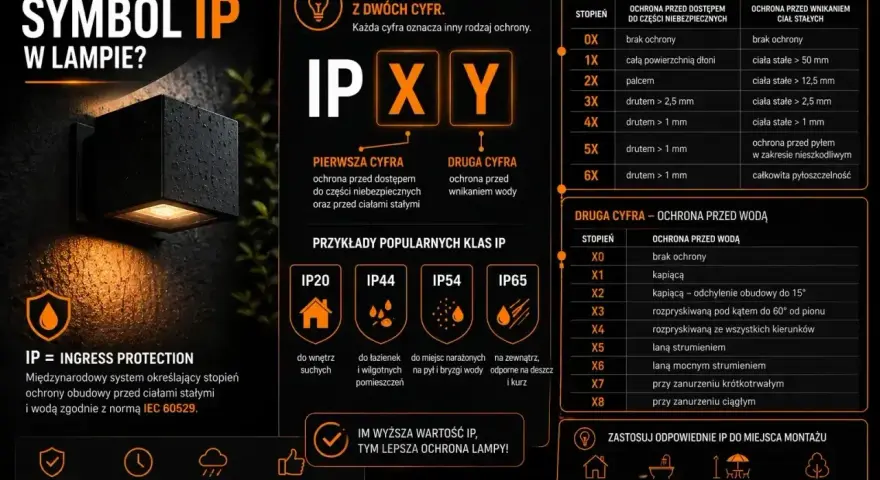 Lampa zewnętrzna z oznaczeniem IP44 chroni przed bryzgami wody i ciałami stałymi.