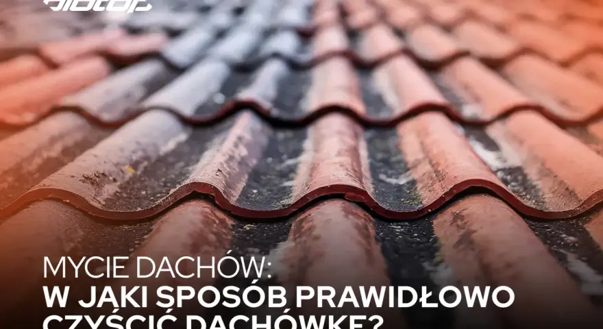 Zbliżenie na dachówki po myciu. Tekst: "Mycie dachów: W jaki sposób prawidłowo czyścić dachówkę?".