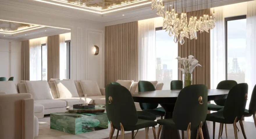 Elegancki salon z zielonymi krzesłami i sofą. Sufit napinany wady? Ten lśniący sufit z ozdobnym wzorem dodaje luksusu, ale czy są jakieś ukryte wady?