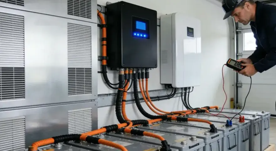 Instalacja magazynu energii 10kW. Technik sprawdza połączenia z akumulatorami. Sprawdź magazyn energii 10kw cena.