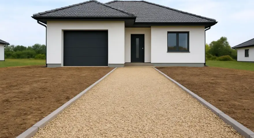 Nowy dom z garażem i ścieżką z kliniec na podjazd.