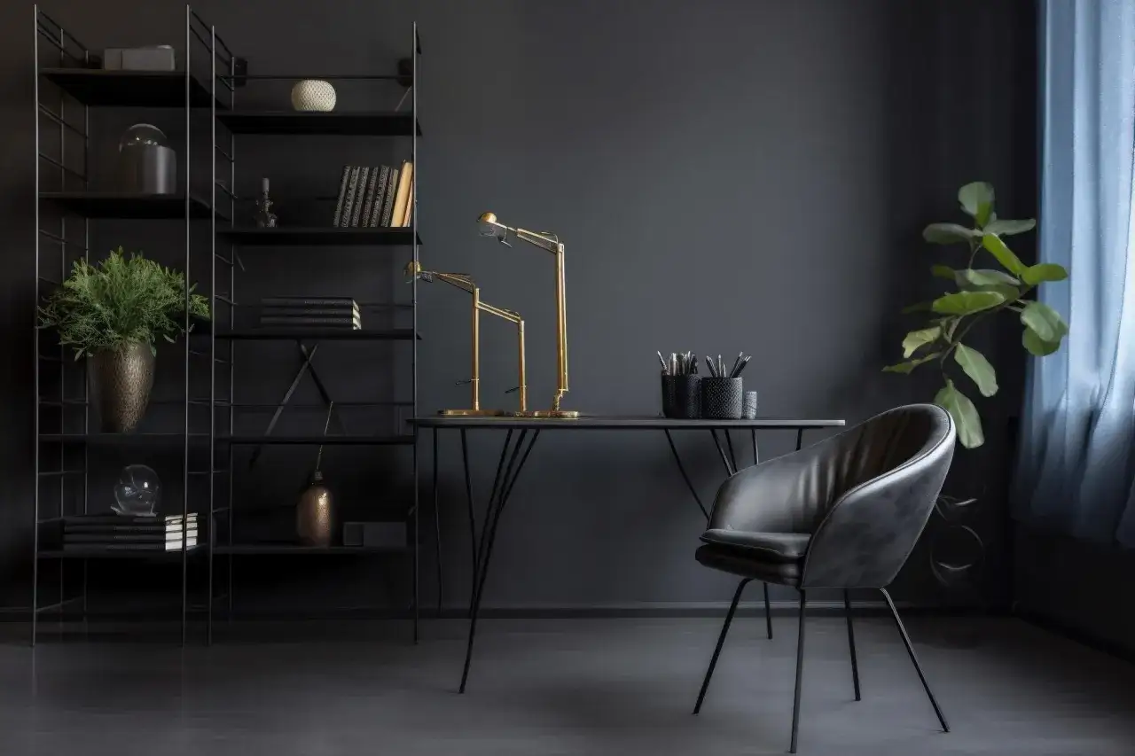 Nowoczesne biuro w odcieniu ral 7016 jaki to kolor? Ciemnoszary, elegancki kolor ścian i mebli tworzy spójną, minimalistyczną przestrzeń.