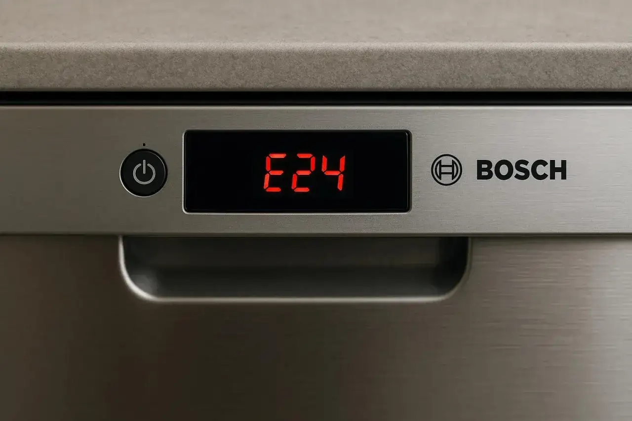 Wyświetlacz zmywarki Bosch pokazuje błąd E24. Czerwone cyfry E24 na czarnym tle, obok przycisku zasilania i logo Bosch.