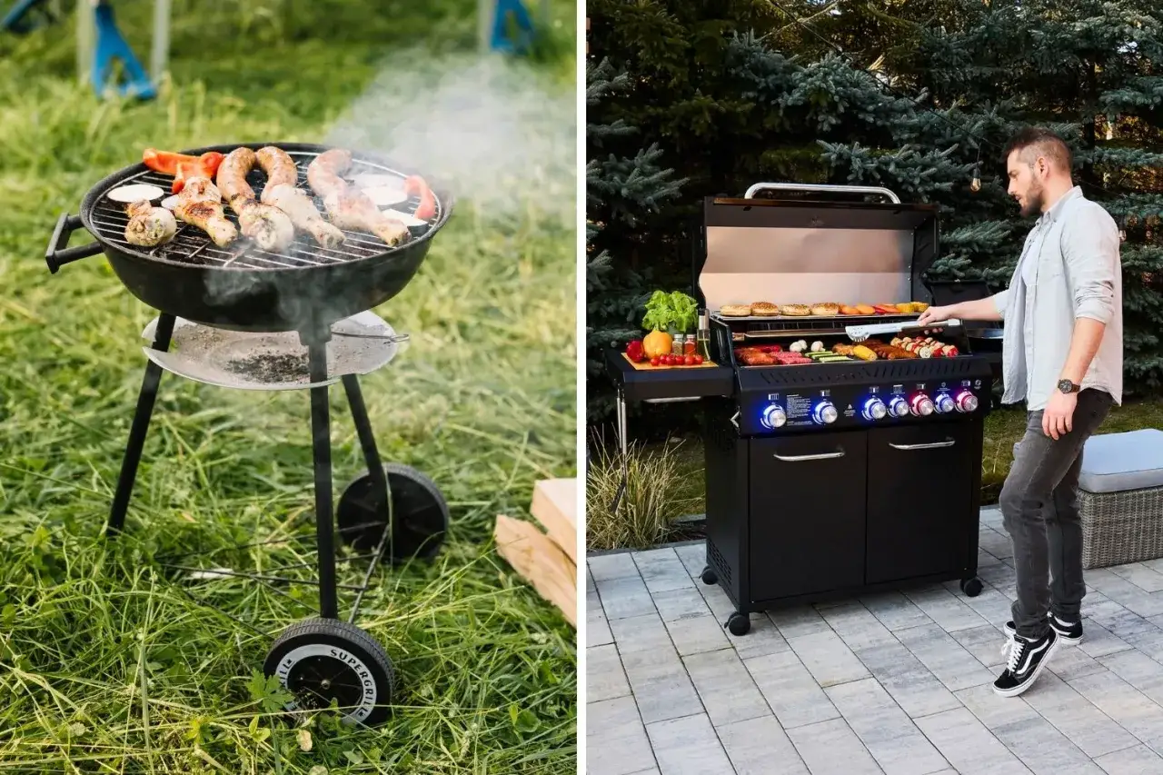 Grill gazowy czy węglowy? Po lewej klasyczny grill węglowy z kiełbaskami i warzywami, po prawej nowoczesny grill gazowy z mężczyzną przygotowującym jedzenie.