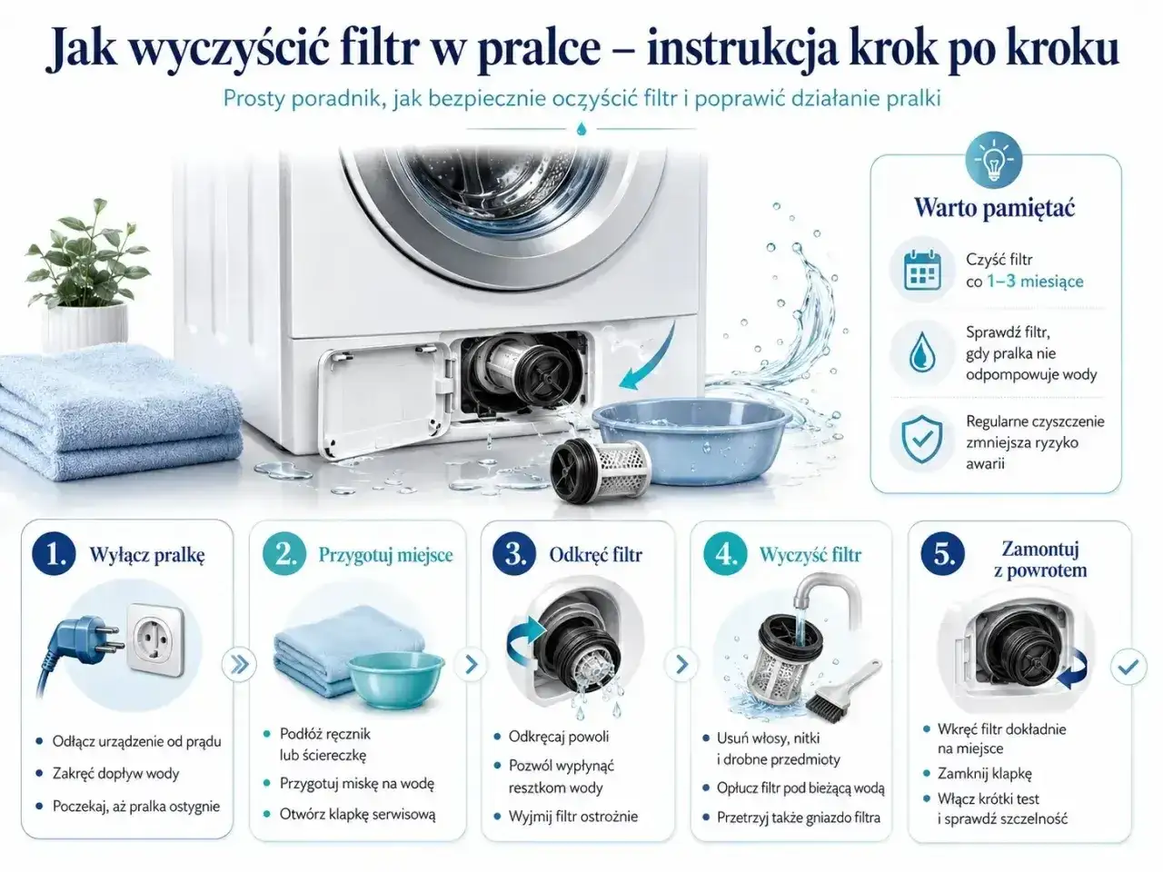 Instrukcja czyszczenia filtra pralki, gdy śmierdzi z pralki. Krok po kroku: wyłącz, przygotuj, odkręć, wyczyść i zamontuj. Regularne czyszczenie zapobiega awariom.