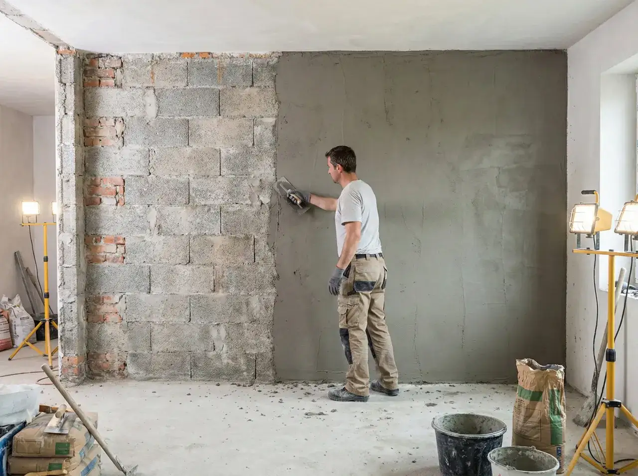 Budowlaniec nakłada tynk wapnem gaszonym na ścianę z pustaków. W tle materiały budowlane i oświetlenie.