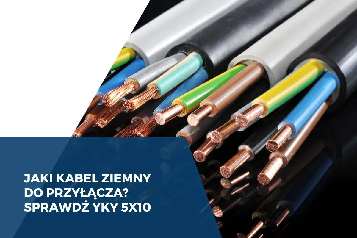 Zbliska widać przekroje kabli ziemnych, w tym YKY 5x10, z miedzianymi żyłami i kolorowymi izolacjami.