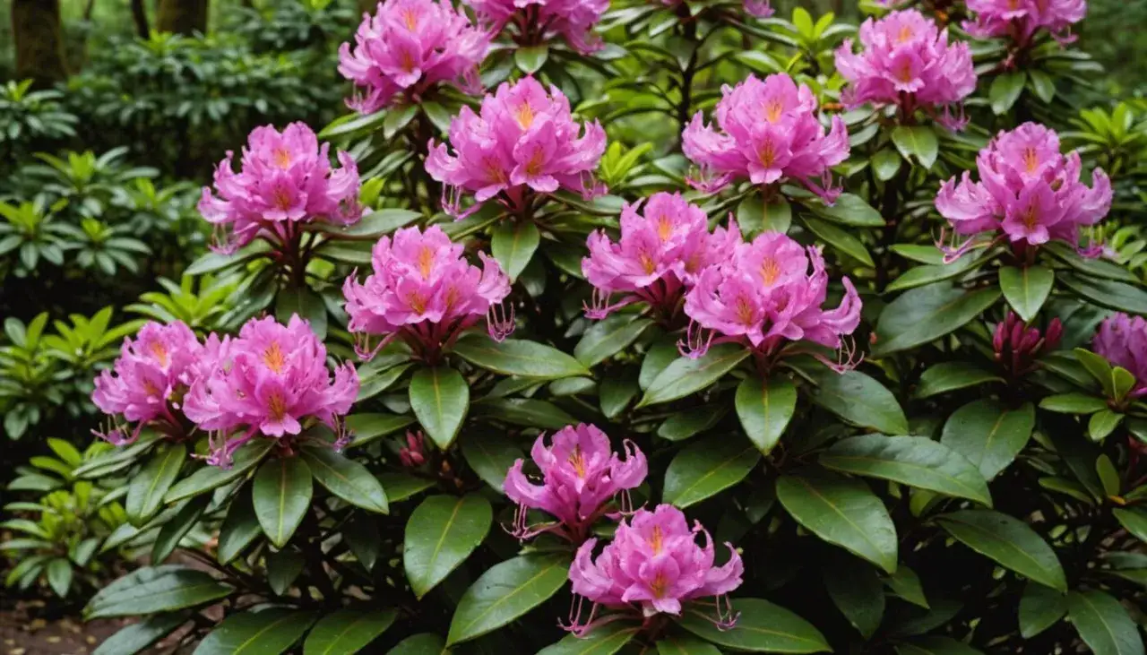 Piękny rododendron w pełnym rozkwicie. Kwitnie obficie, gdy ma odpowiednią, kwaśną ziemię.