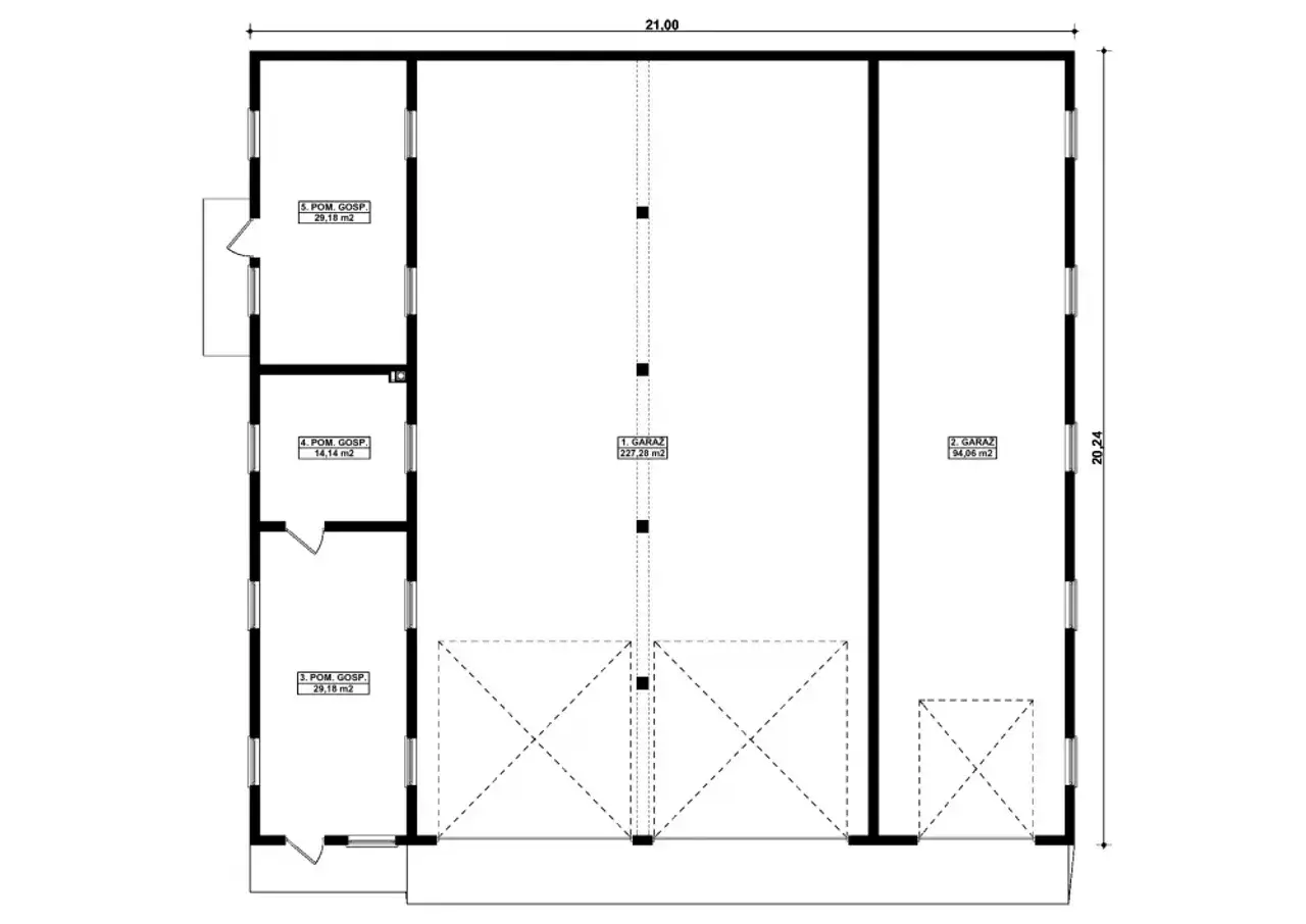 Rzut parteru budynku gospodarczego z dwoma garażami (227,28 m2 i 94,06 m2) oraz pomieszczeniami gospodarczymi.