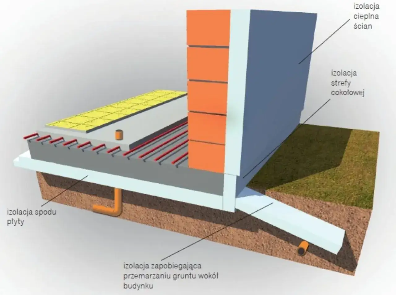 Przekrój przez fundament z izolacją płyty, ścian i strefy cokołowej. Widoczny system ogrzewania podłogowego.