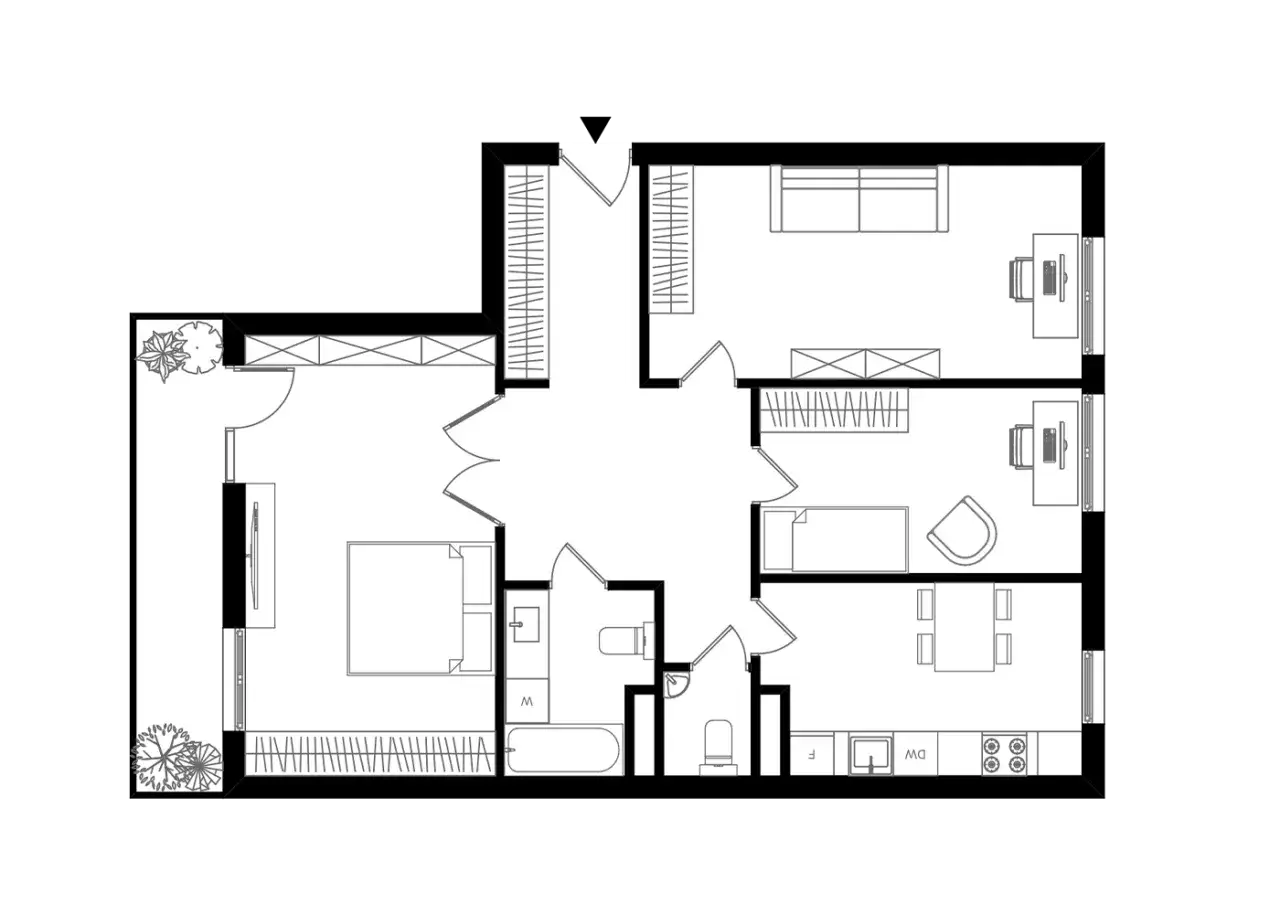 Plan mieszkania po przebudowie: salon z aneksem kuchennym, dwie sypialnie, łazienka i balkon.