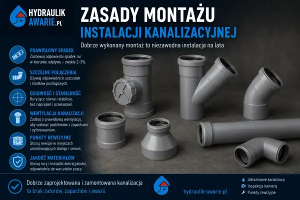 Szare **piony** i kształtki kanalizacyjne, obok zasad montażu instalacji.